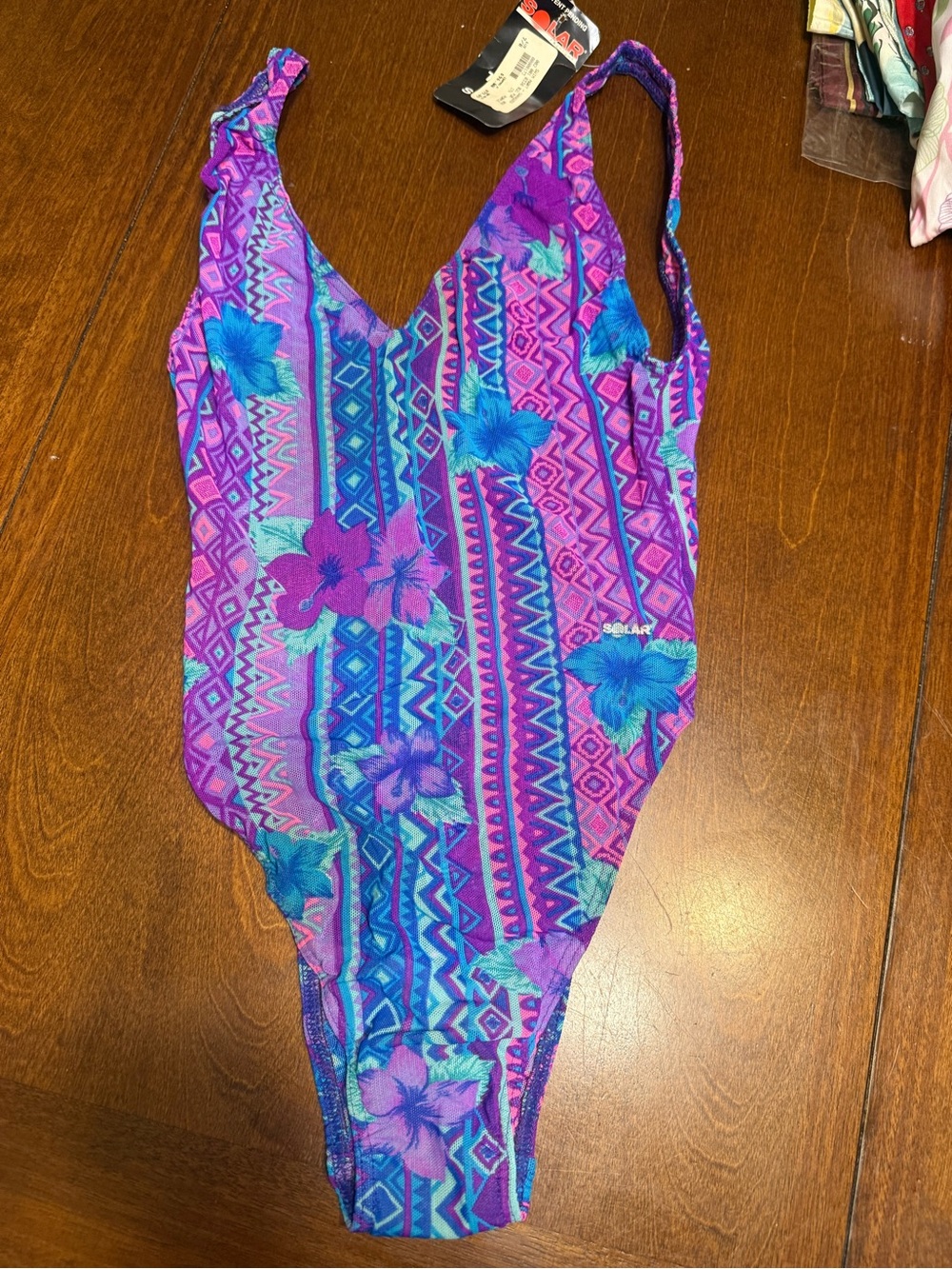 Vtg NWT Solar Tan-Through One Piece Swimsuit Geometric Floral Stretchy size 7/8